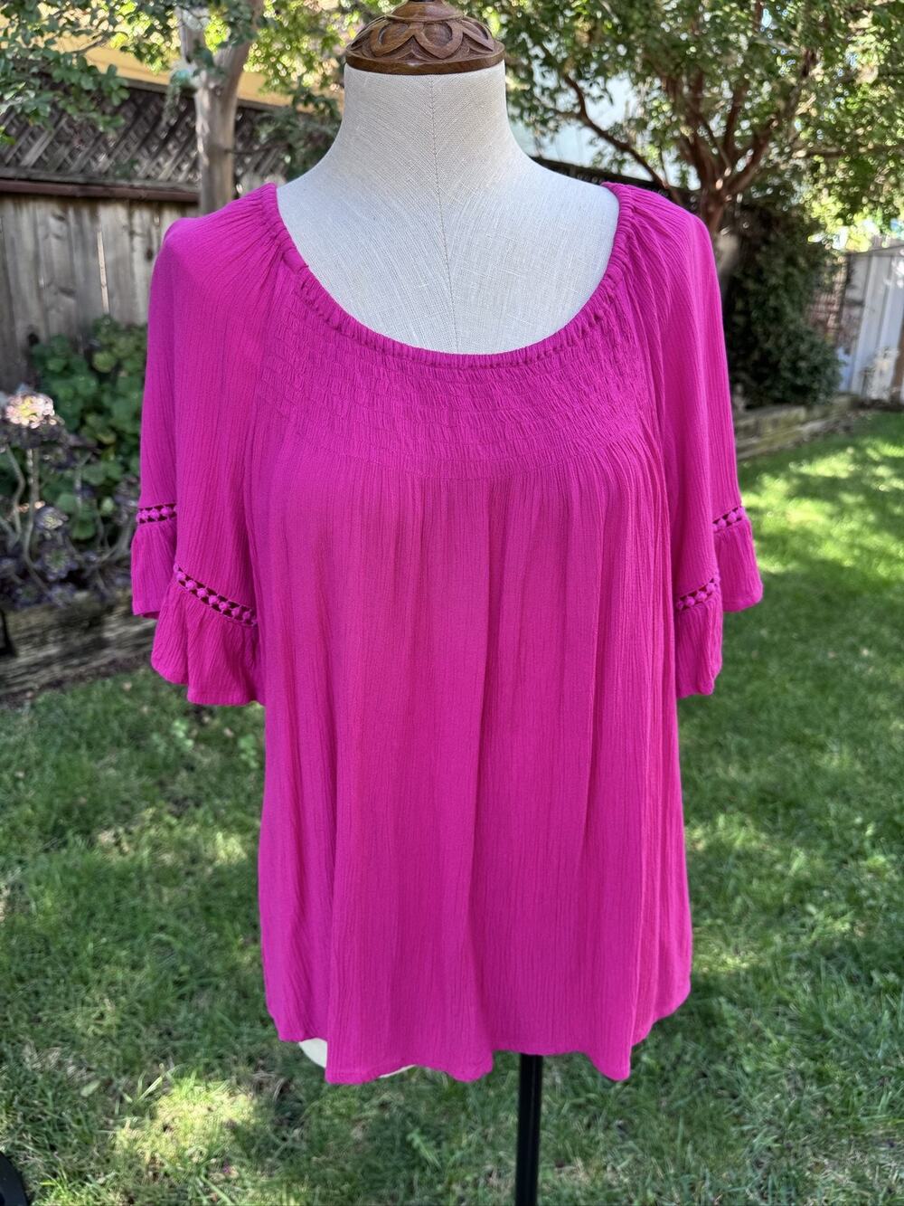 Westport Women's Petite L Pink Blouse Flutter Sleeve Ruffle Keyhole Tunic Top